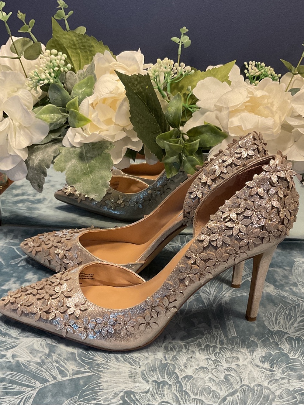 INC International Concepts Champagne Floral Appliqué Pointed-Toe Heels